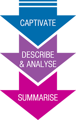 Diagram of three arrows pointing downward labelled captivate, describe and analyse, and summarise.