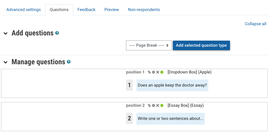 showing drop down of question list, i.e. 1 and question input field, 2 and question input field etc.
