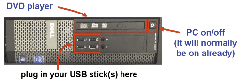 A classroom PC showing the location of the USB ports and DVD drive.