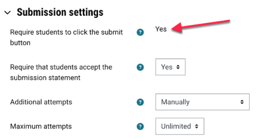 Screenshot of Assignment submission settings. Require students to click the submit button should be set to Yes