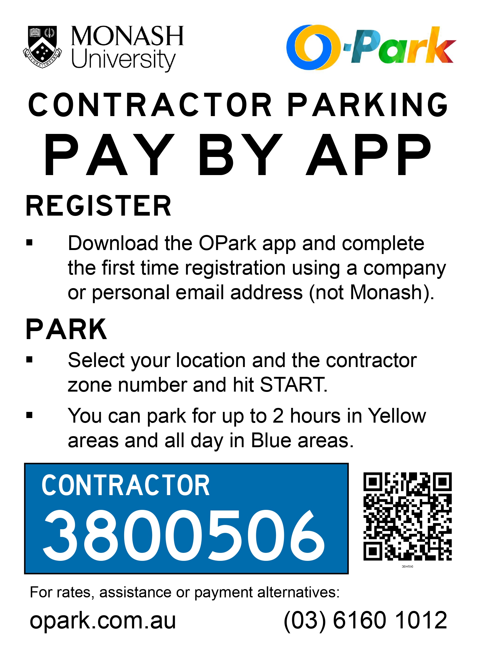 OPark contractor zone code sign 3800506