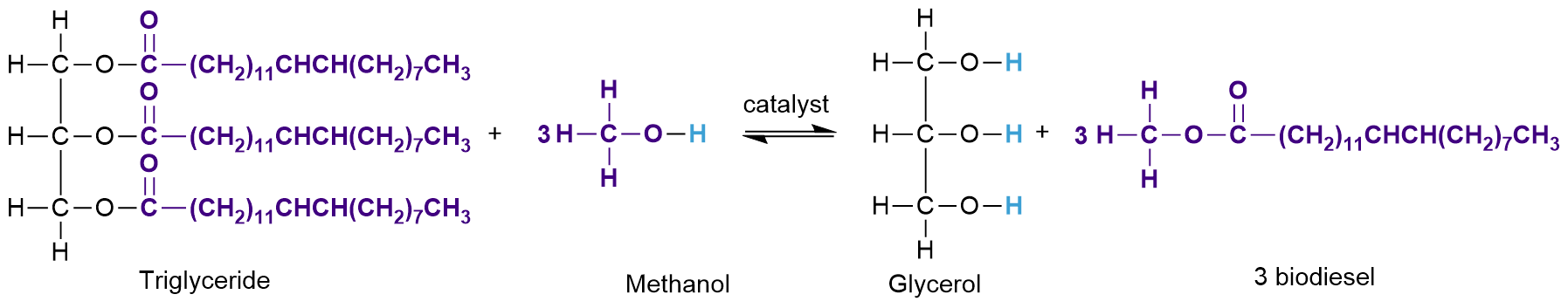 ”A diagram showing a chemical reaction where triglyceride reacts with methanol in the presence of a catalyst to produce glycerol and three molecules of biodiesel.