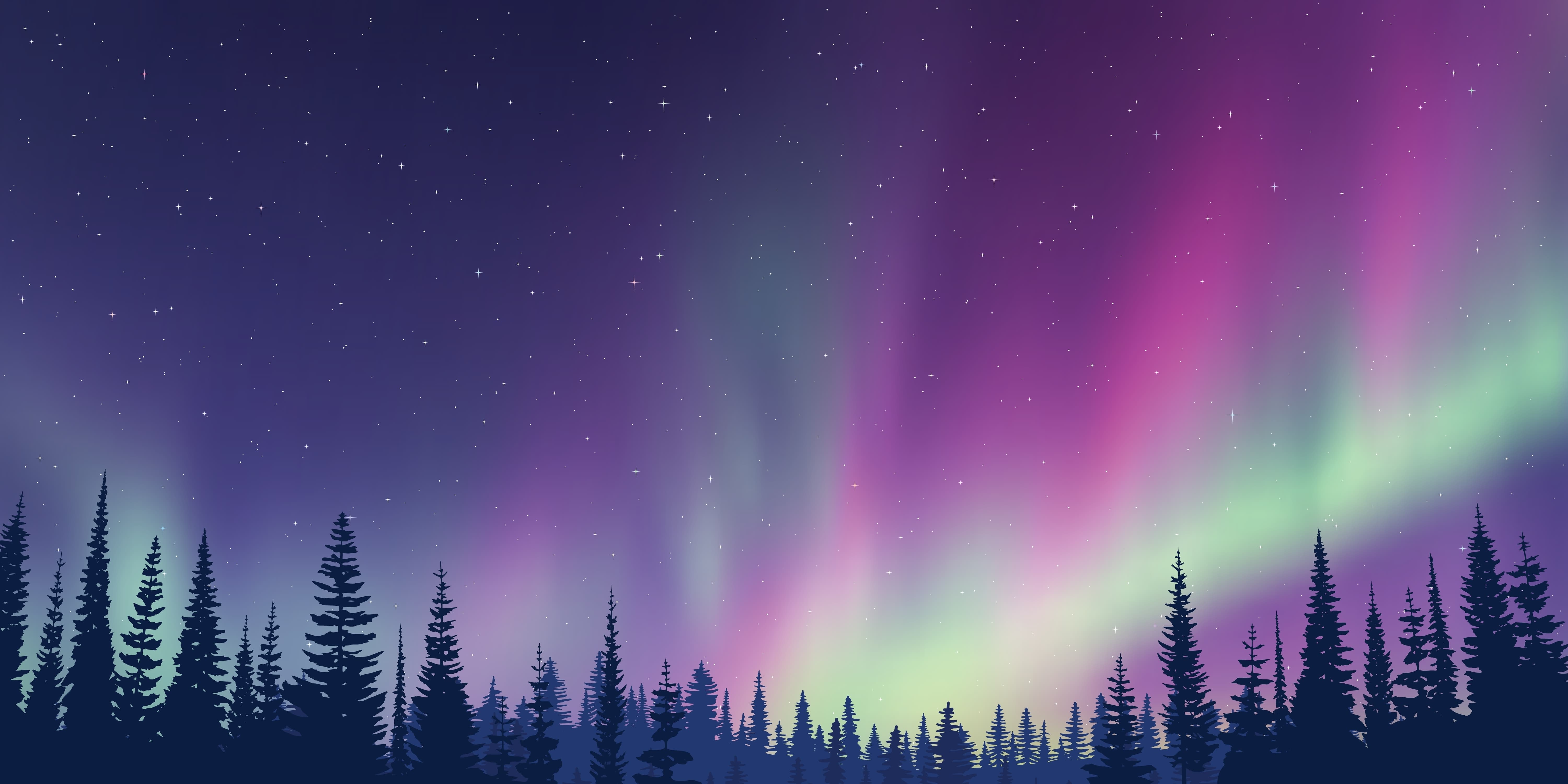 The aurora borealis is shown in the night sky over a coniferous forest with lights of violets, pinks, greens, and yellows.