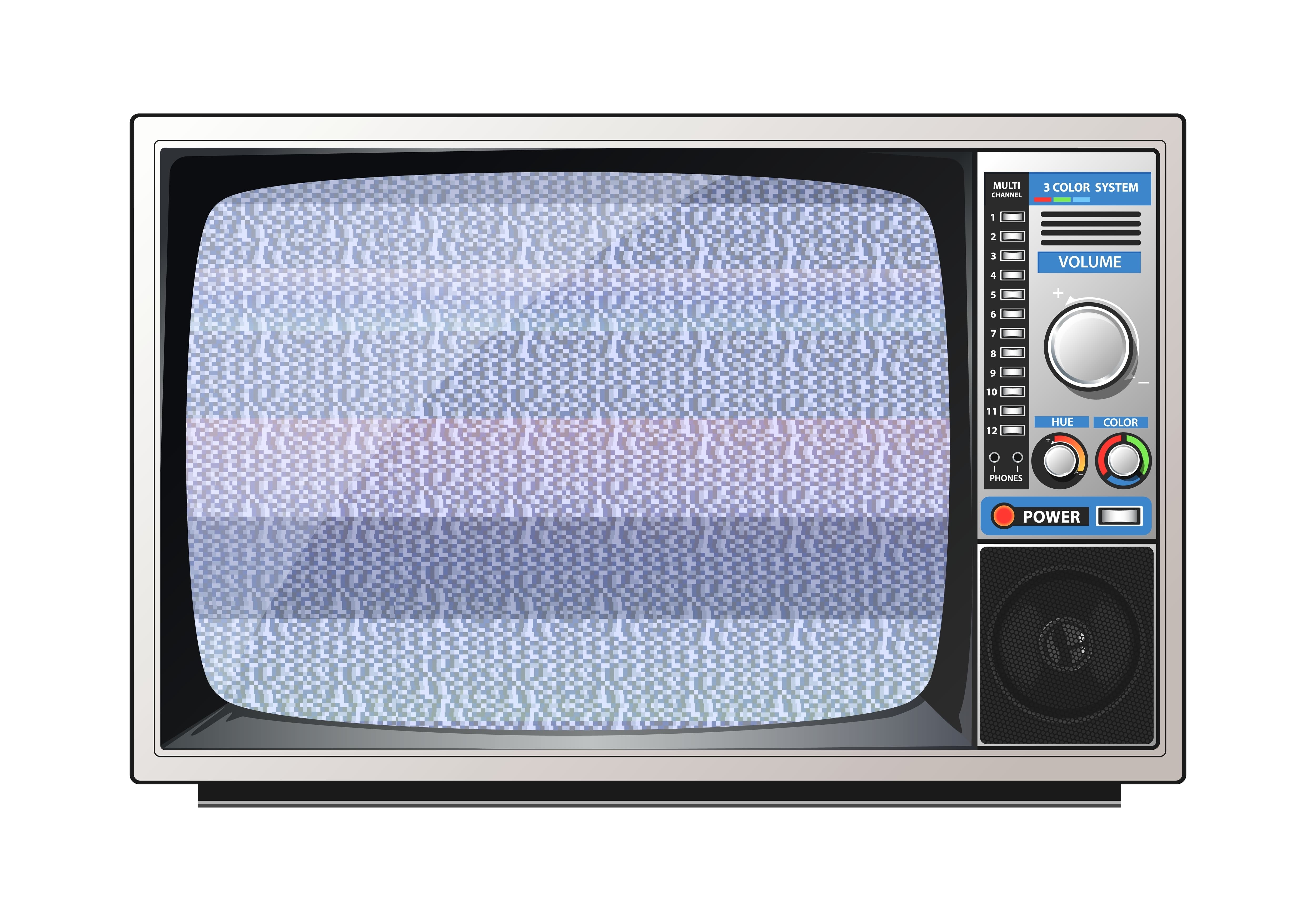 An older style television set with multicoloured static on the screen, and control dials and switches on the top-right of the set. An inbuild speaker is on the bottom right of the set