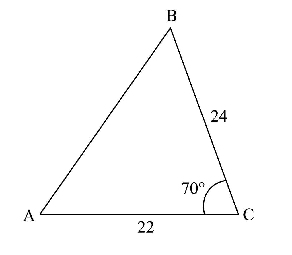Triangle ABC. Length of side AC is 22, BC is 24. Internal angle at C is 70°