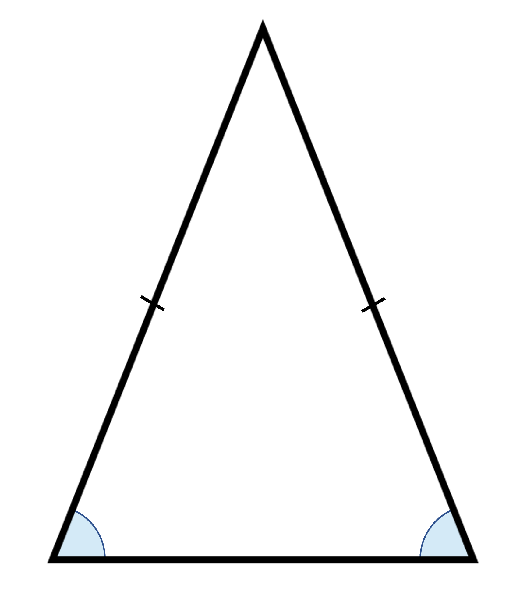 Isosceles triangle with the two base angles shaded light blue and marked as 45 degrees each.