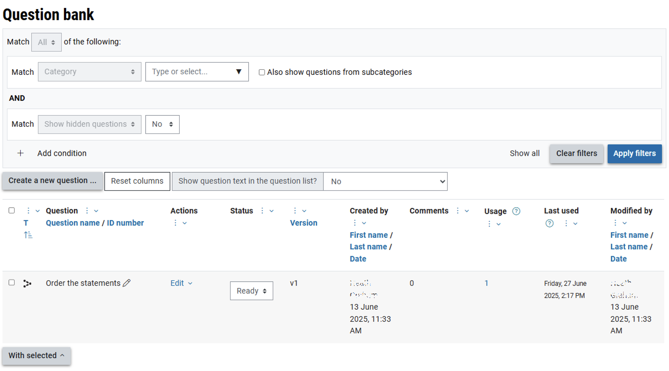 screenshot of the quiz question bank