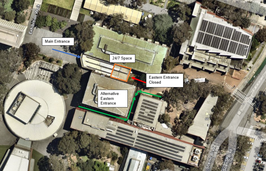 aerial view of Matheson Library and arrows pointing to alternative entrances