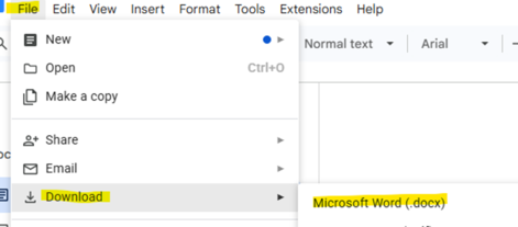 Screenshot of the download to Microsoft Word function