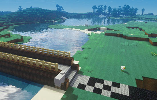 Minecraft virtual world showing a bridge built over a river