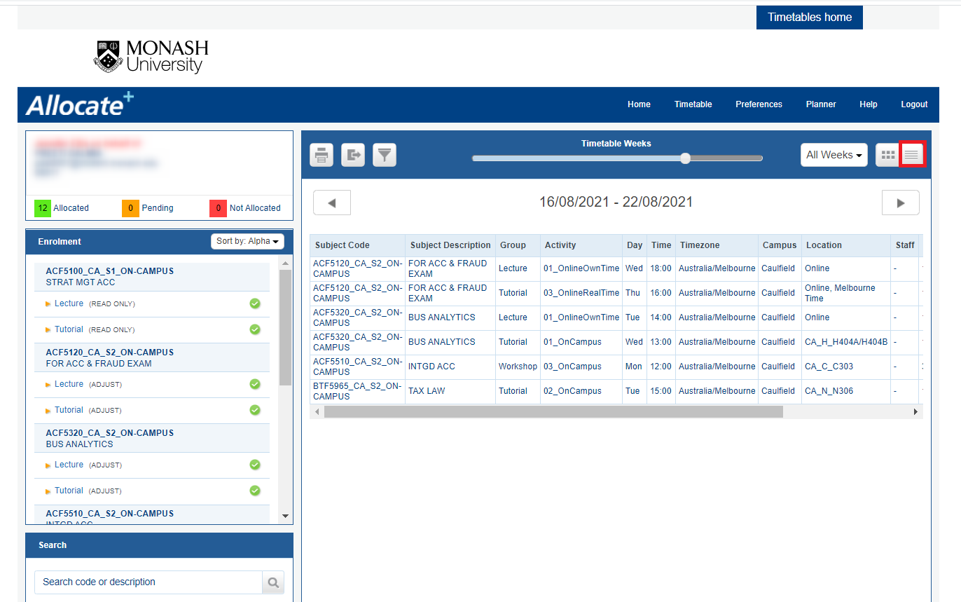 Screenshot of Allocate+ in the list view