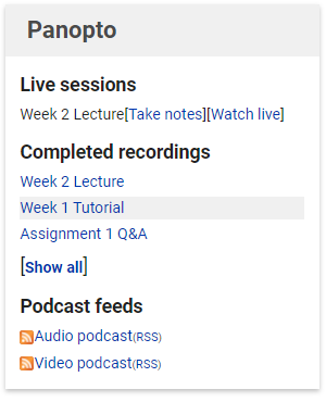Screenshot of Panopto Moodle block
