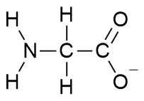 The chemical structure of glycine zwitterion with charged carboxyl.