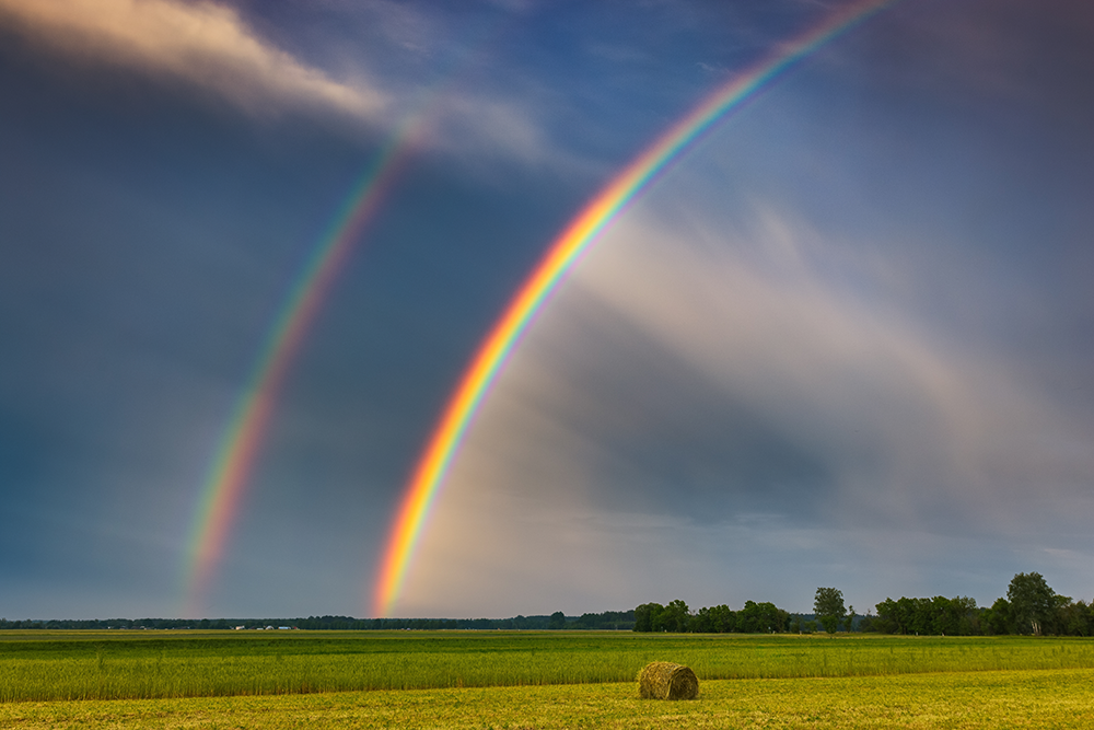 a double rainbow over a field