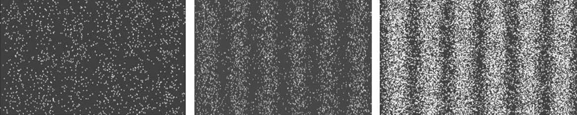 3 successive images showing the build up of dots forming clearer and clearer vertical bands