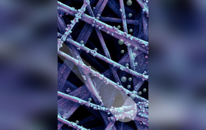 Scanning electron micrograph of a cobalt-based catalyst on substrate (micrograph was manually coloured; bubbles and light ray were artificially added).