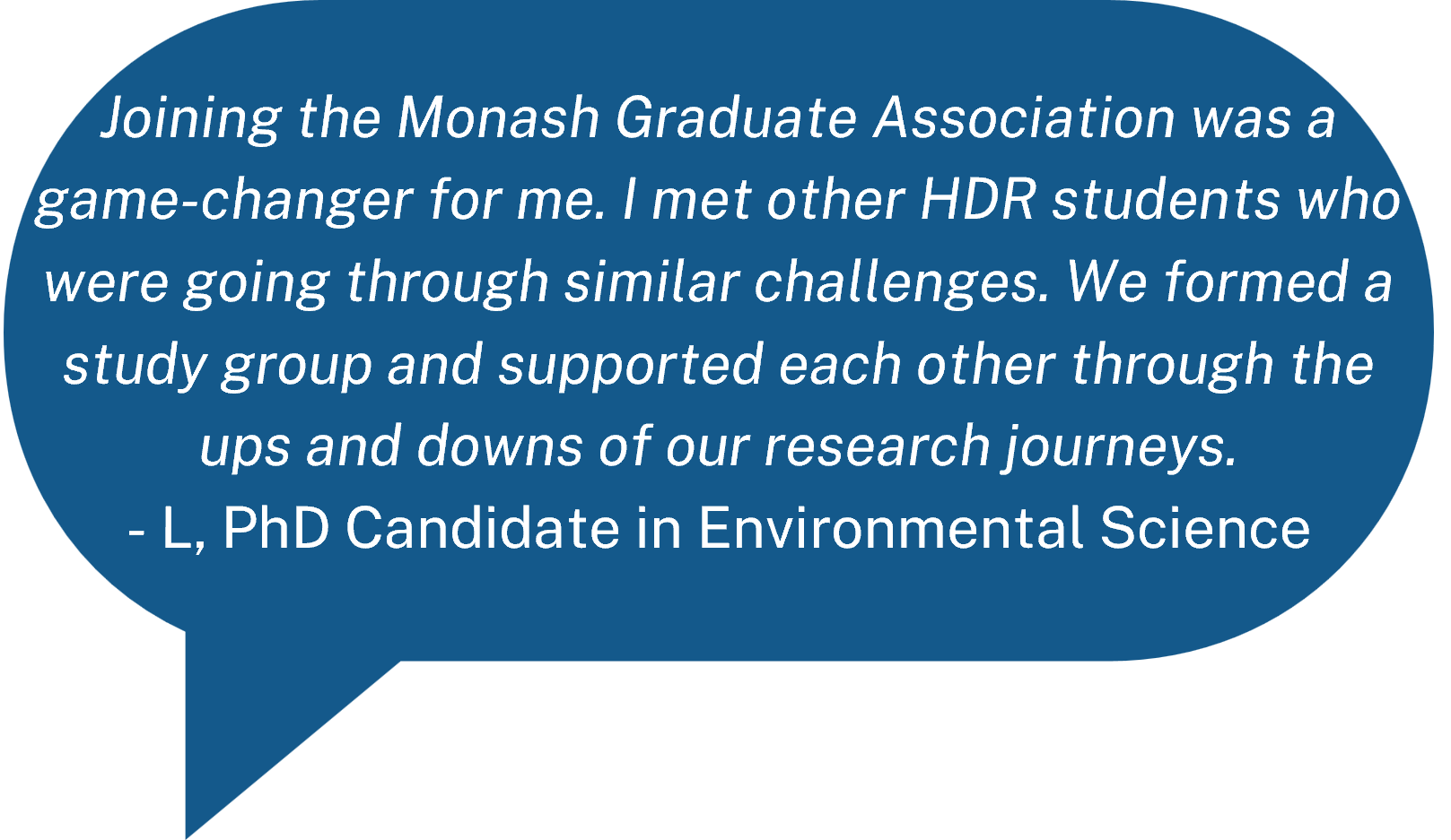Joining the Monash Graduate Association was a game-changer for me. I met other HDR students who were going through similar challenges. We formed a study group and supported each other through the ups and downs of our research journeys. - L, PhD Candidate in Environmental Science