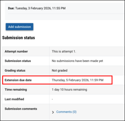 Screenshot of the extension due date on the Moodle Assignment page