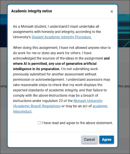 Screenshot of the academic integrity notice on the Moodle Assignment page