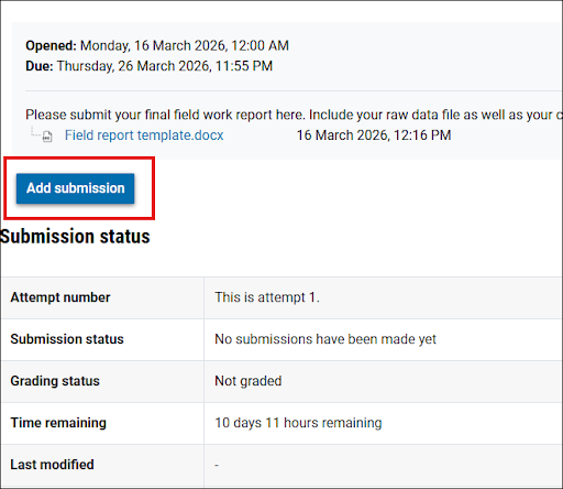 Screenshot of the add submission button on the Moodle Assignment page