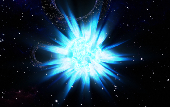 Artist&rsquo;s impression shows a stellar explosion with subtle hints of a black hole binary in the background, released on April 1, 2026
