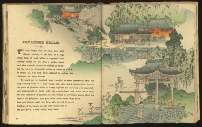 Pages from a colourful, Japanese book, depicting traditional Japanese structures and a large, ornate bell.