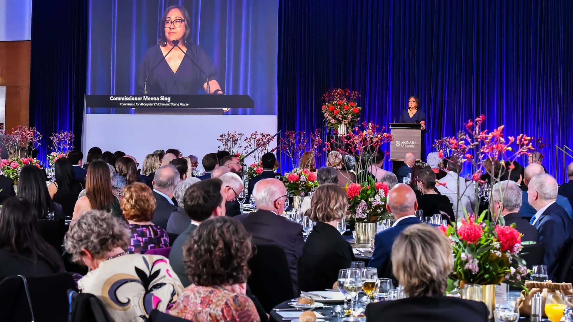 Meena Singh presenting the keynote at the 2025 Monash Law Gala Dinner