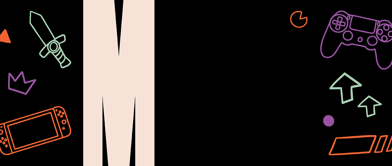 Heading banner with video games related shapes and icons