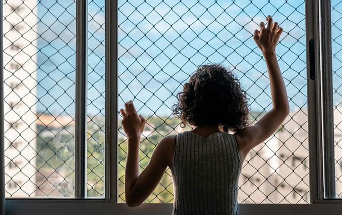 Child stuck behind a meshed window