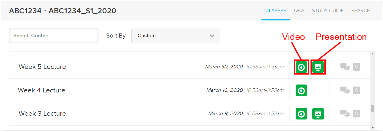 Screenshot of echo360 class list