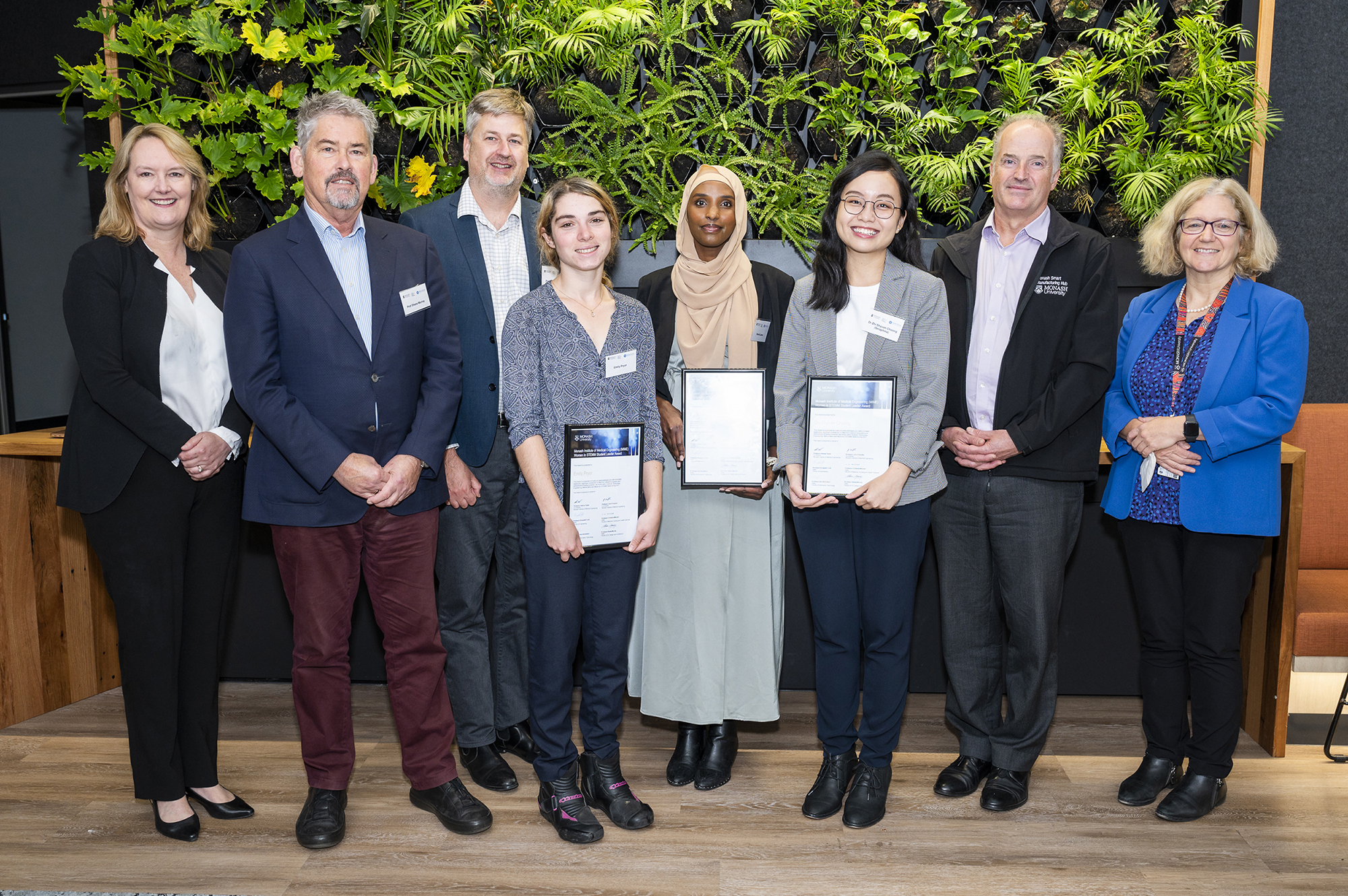 L-R: Professor Helena Teede, Past Co-Director, Monash Institute of Medical Engineering; Professor Shane Murray, Dean, Faculty of Art, Design and Architecture; Professor John Forsythe, Co-Director, Monash Institute of Medical Engineering; Ms Emily Pryor, Women in STEMM Student Leader award recipient; Ms Hamdi Jama, Women in STEMM Student Leader award recipient; Ms Seraphina Choong, Women in STEMM Student Leader award recipient; Professor Chris Davies, Deputy Dean External Engagement, Faculty of Engineering; and Professor Ann Nicholson, Dean, Faculty of Information Technology.