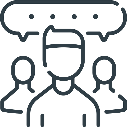 lineart of speaker with two standing behind them 