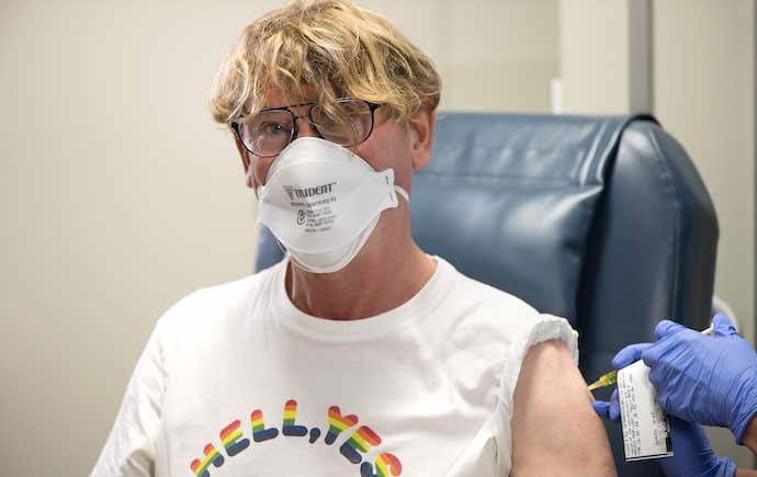 First patient in the clinical trial of two Melbourne-made COVID-19 vaccines. Image supplied by Royal Melbourne Hospital.