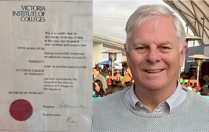 Peter Little and his Victoria Institute of Colleges graduation diploma