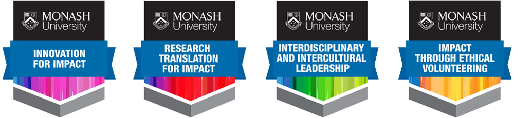 Four examples of Monash's digital badges. They have a shield design, with Monash's wordmark at the top and the skill earned on a blue banner across the middle.