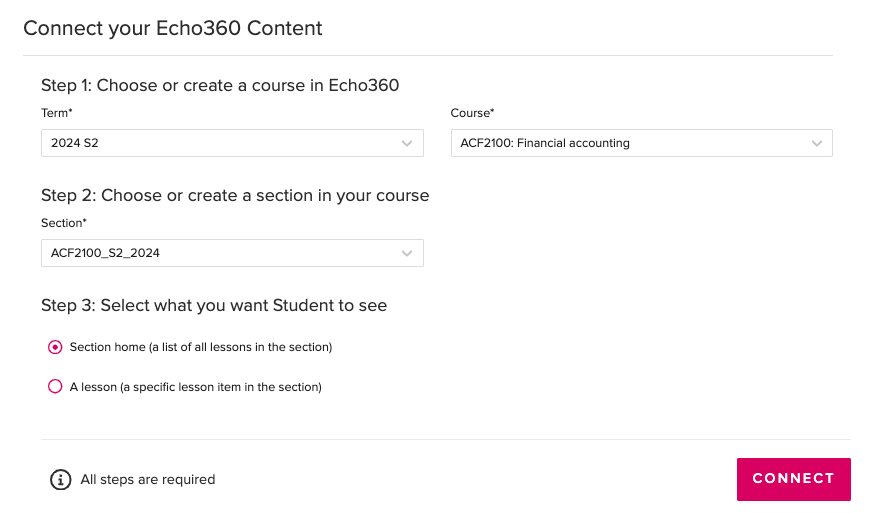 screenshot of the echo linking screen
