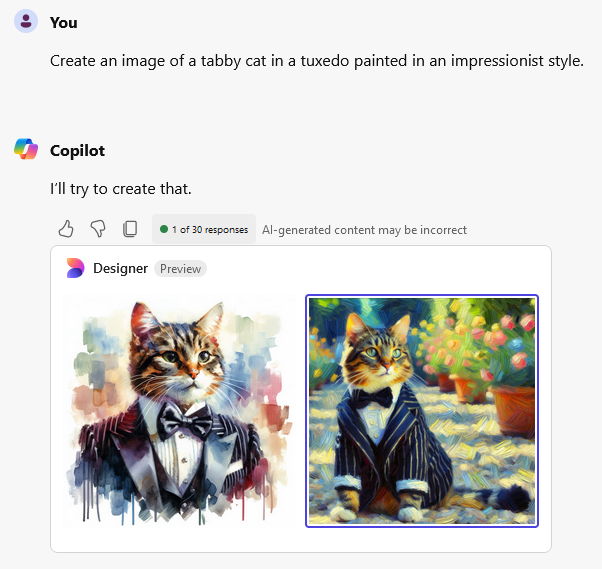 A screenshot of Copilot being asked to create an image of a tabby cat in a tuxedo painted in an impressionist style. Copilot has then produced two different images based on this prompt.