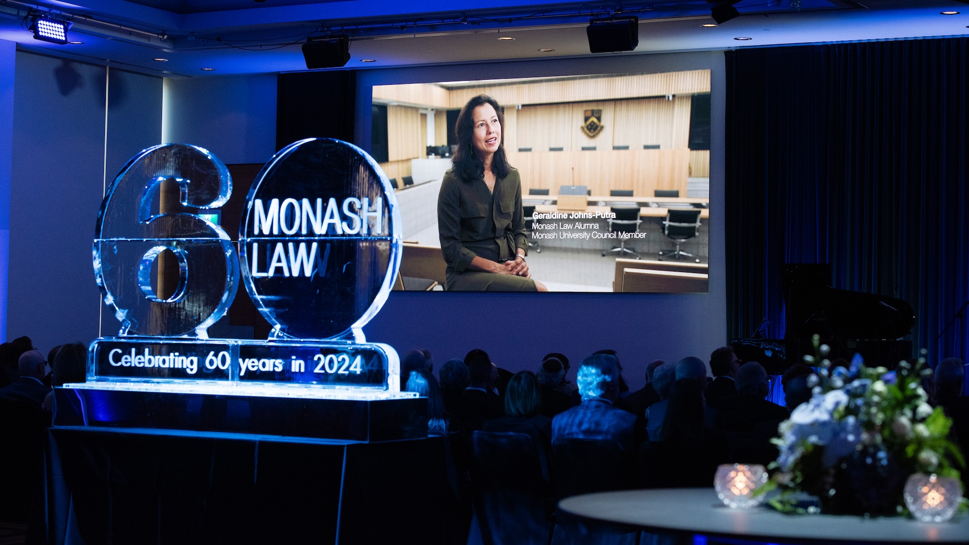 Geraldine Johns-Putra on screen at Monash Law's 60th Anniversary Launch