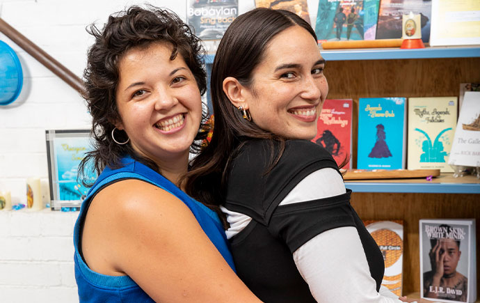 MJ Flamiano and Catherine Ortega-Sandow I fear for my books launch, portrait of MJ Flamiano and Catherine Ortega-Sandow by Lucy Foster 2023