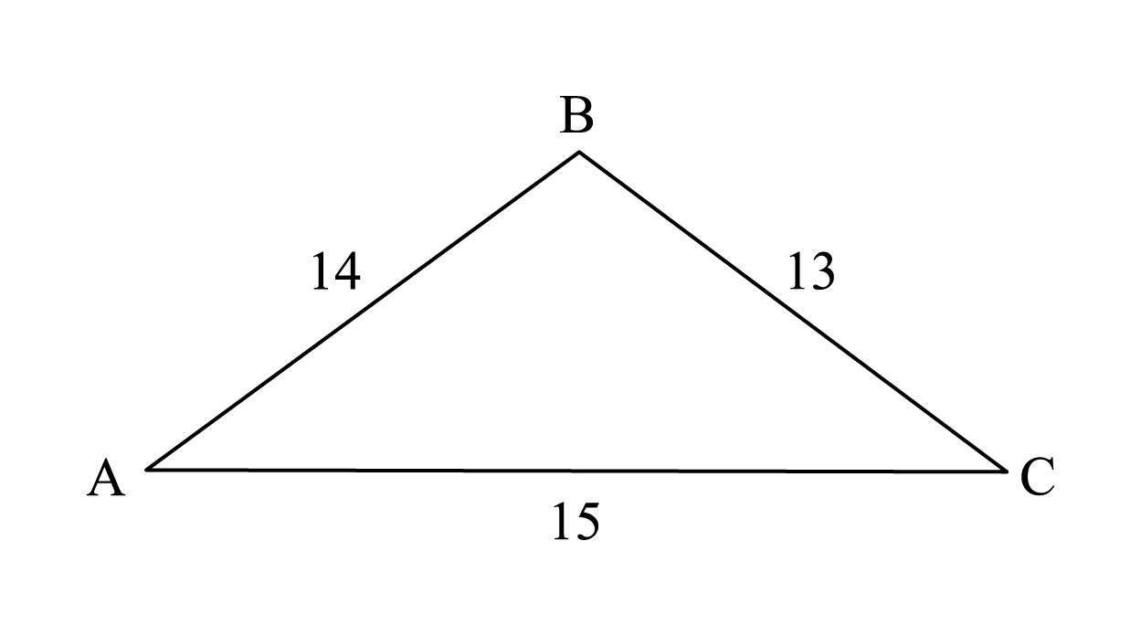A triangle ABC. Length of AB=14, length of BC=13, length of AC=15.