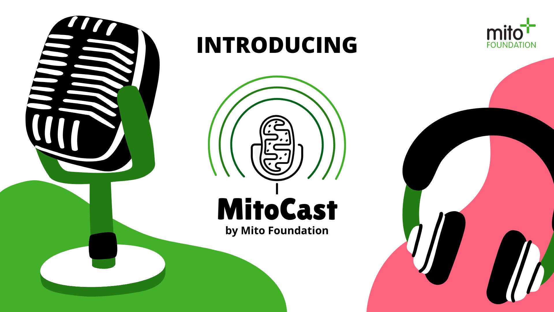 Pink, green, black and white retro graphic featuring a microphone and headphones