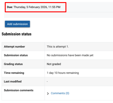 Screenshot of the approved extension due date replacing the original due date on the Moodle Assignment page