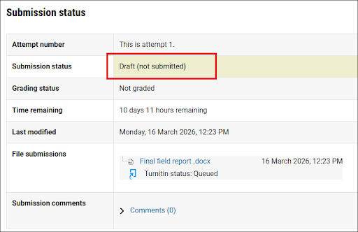 Screenshot of the assessment submission status on the Moodle Assignment page