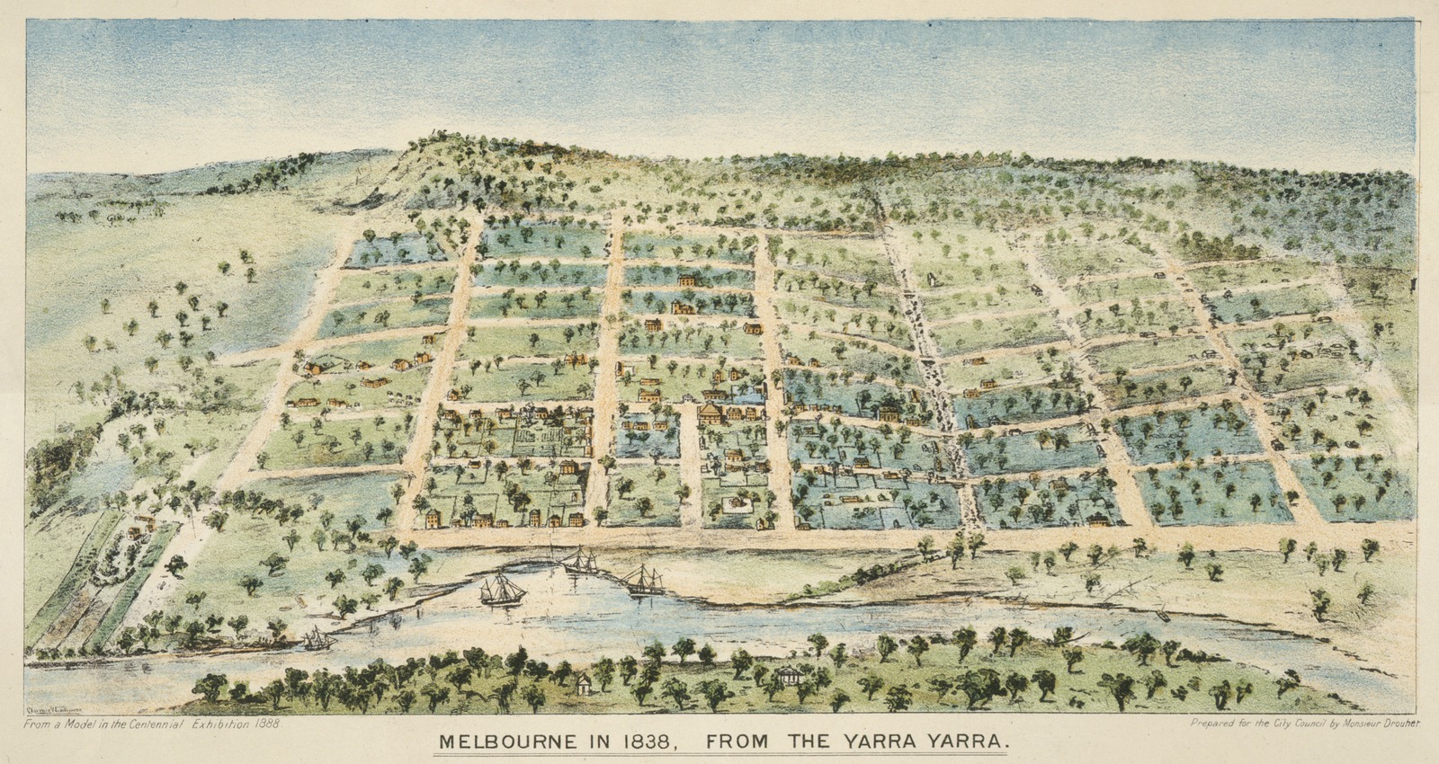  "MELBOURNE IN 1838, FROM THE YARRA YARRA". Author/Creator:"Woodhouse, Clarence 1852-1931 artist." Date: [1888?], State Library Victoria (Australia)