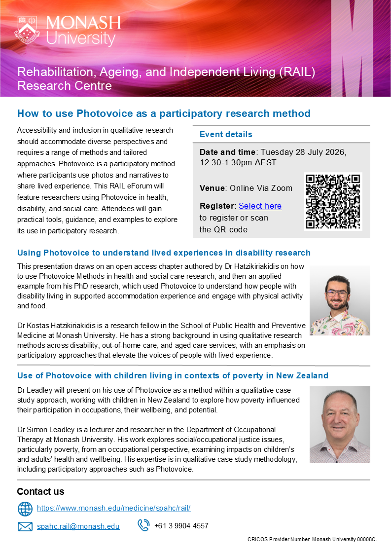 An image of the RAIL eForum flyer scheduled on 28th July 2026 which includes the event details, Monash University logo and bio and photo of two speakers.