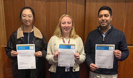 Monash BDI 3MT winners in 2026 (L-R): Yimin Wu (People’s Choice), Rianna Tadd-Lennox (First place), Mahesh Dharmakumara (Runner-up)