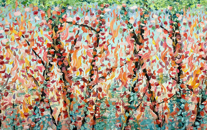 An abstract painting resembling trees on fire during the day