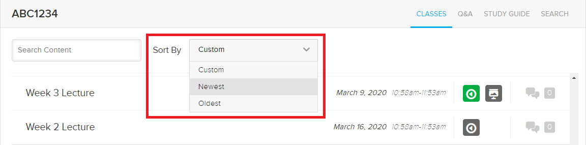 Screenshot of sorting options in an Echo360 class list