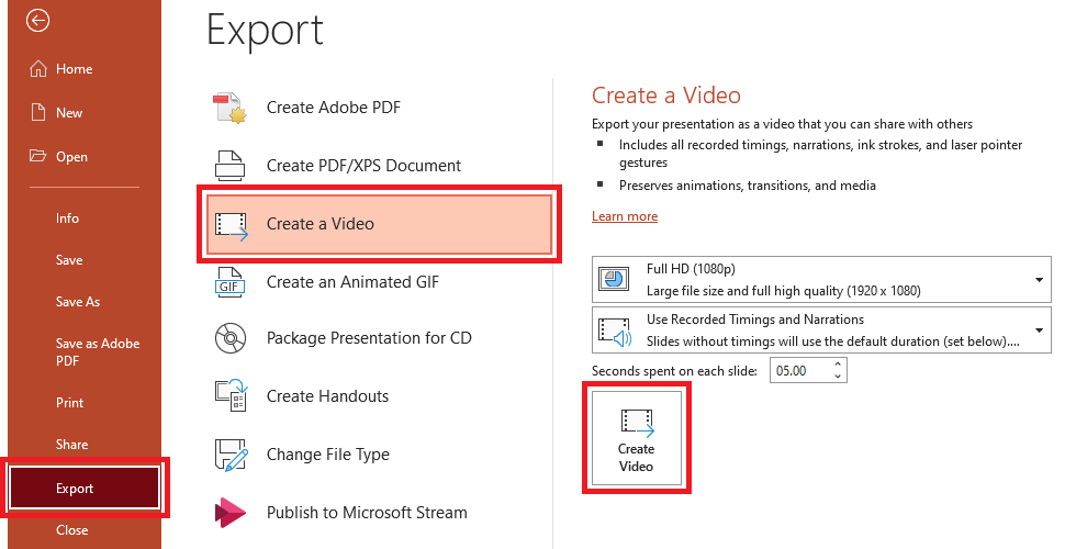 PowerPoint export window