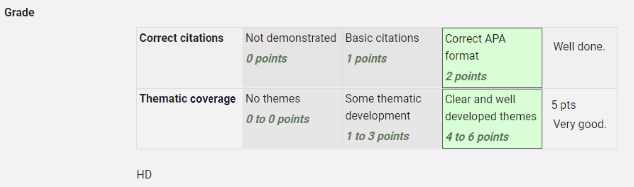 Image of student view of rubric with grades